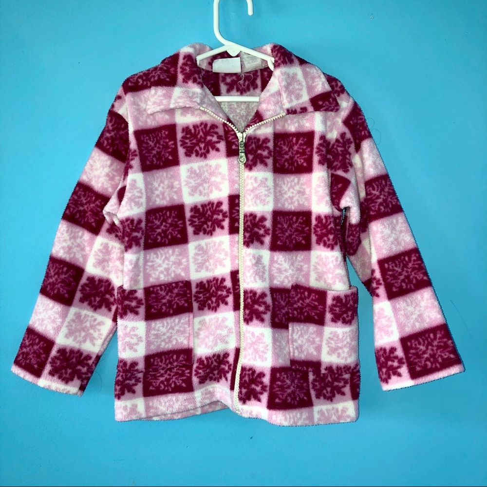 Vintage Fleece Pink Snowflake Zip Up Jacket Sweatshirt Girly Snow Winter Holiday